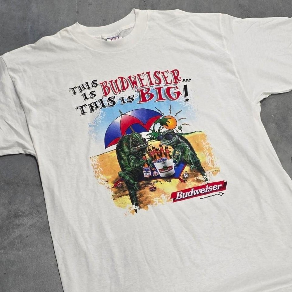 1998 Vintage Budweiser Chameleon Beer T-shirt white with multi-coloured graphics